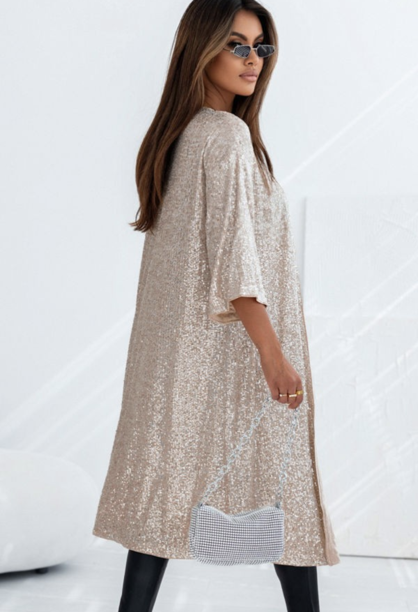 3/4 Sleeve Sequin Open Front Duster Champagne