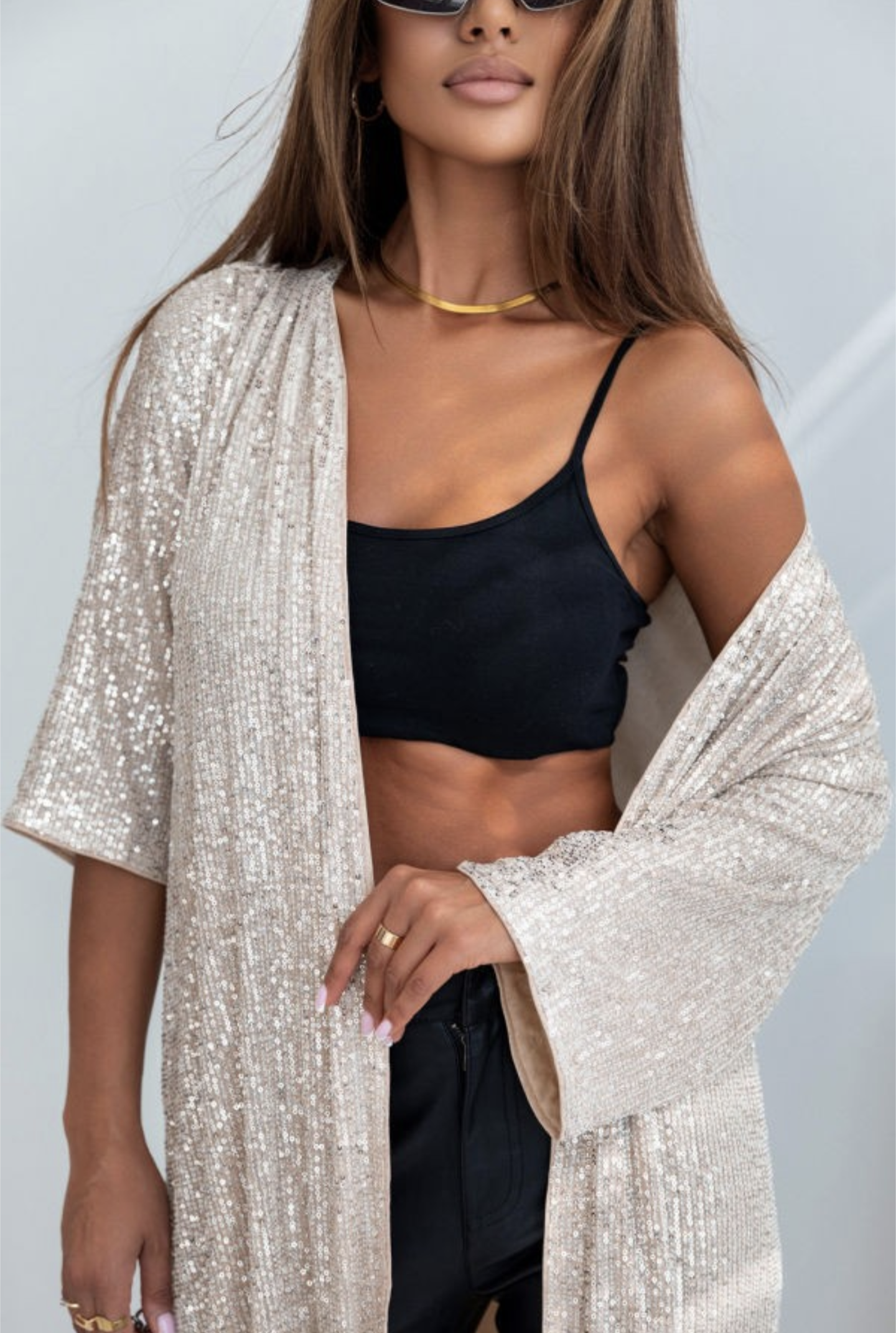 3/4 Sleeve Sequin Open Front Duster Champagne