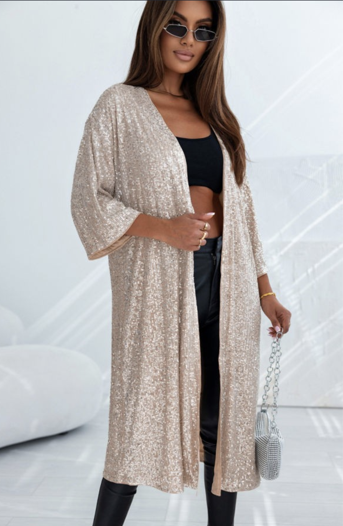 3/4 Sleeve Sequin Open Front Duster Champagne