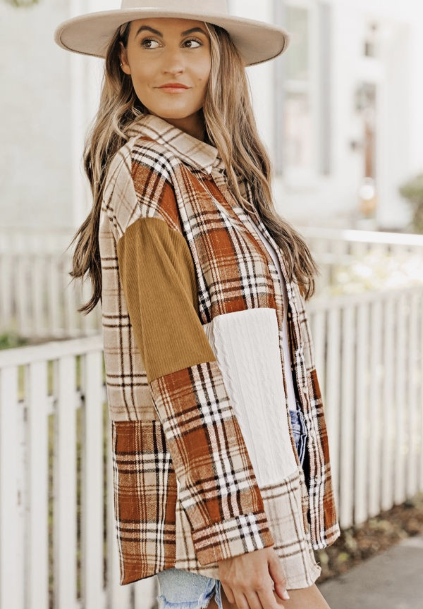 Orange Plaid Patchwork Shirt