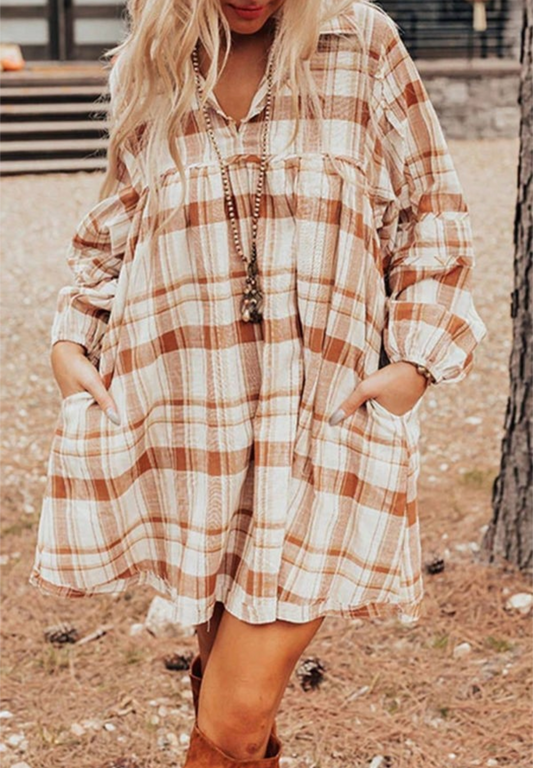 Brown Plaid Babydoll Mini Dress