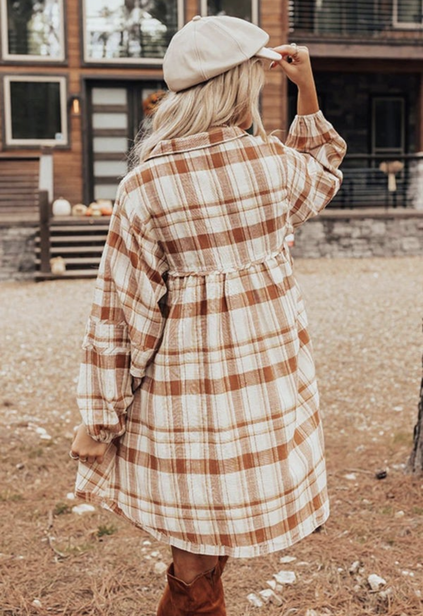 Brown Plaid Babydoll Mini Dress