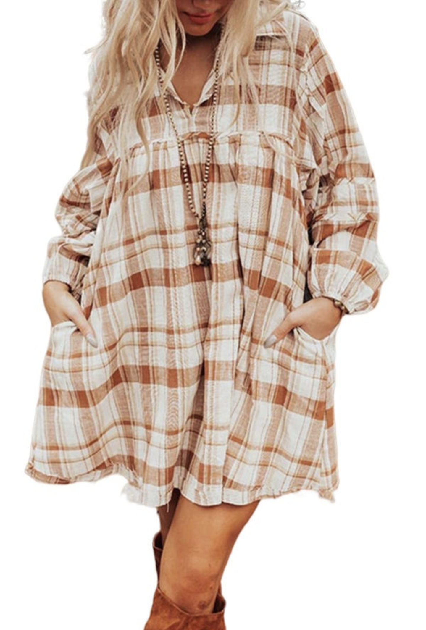 Brown Plaid Babydoll Mini Dress