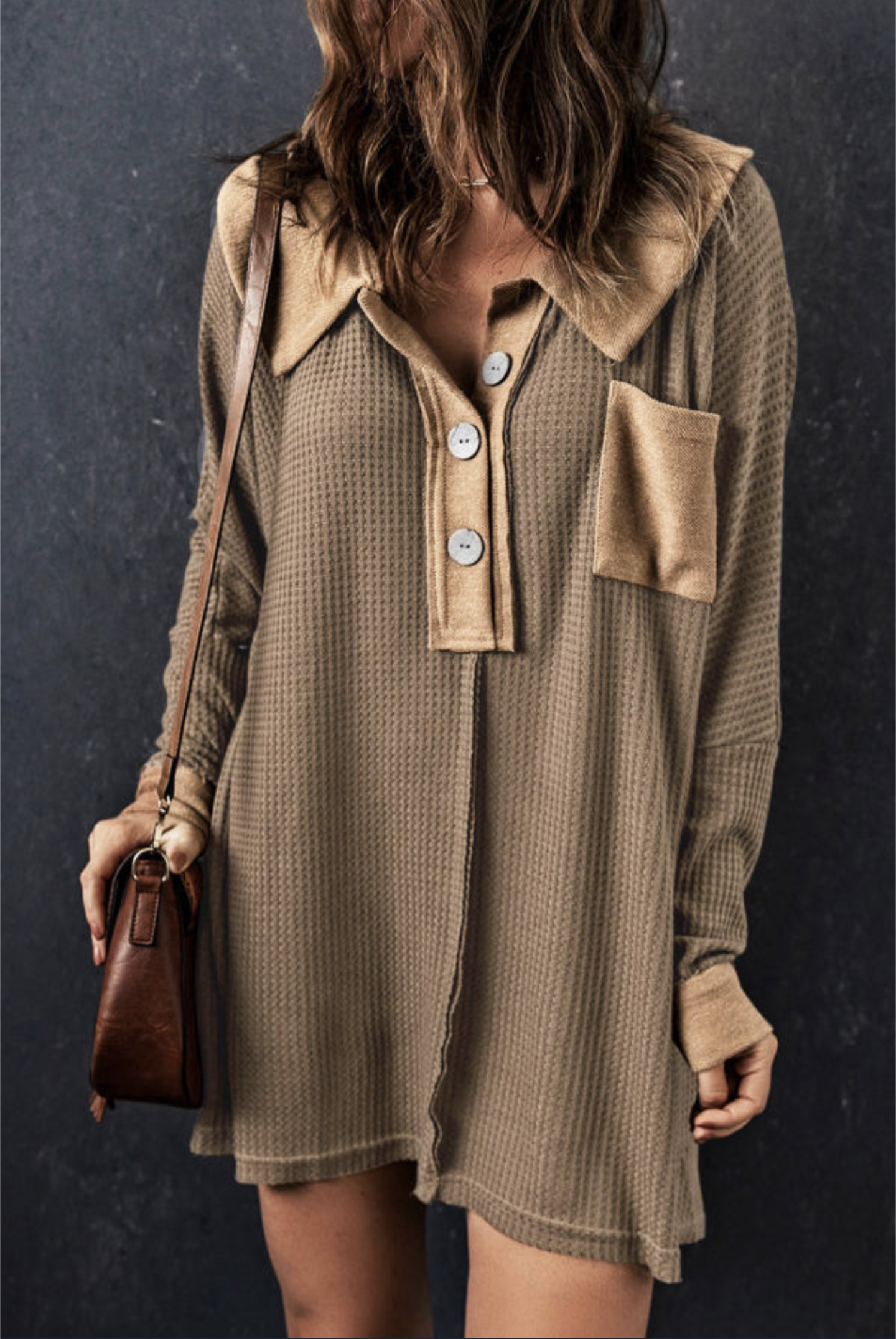 Brown Waffle Knit Buttoned Long Sleeve