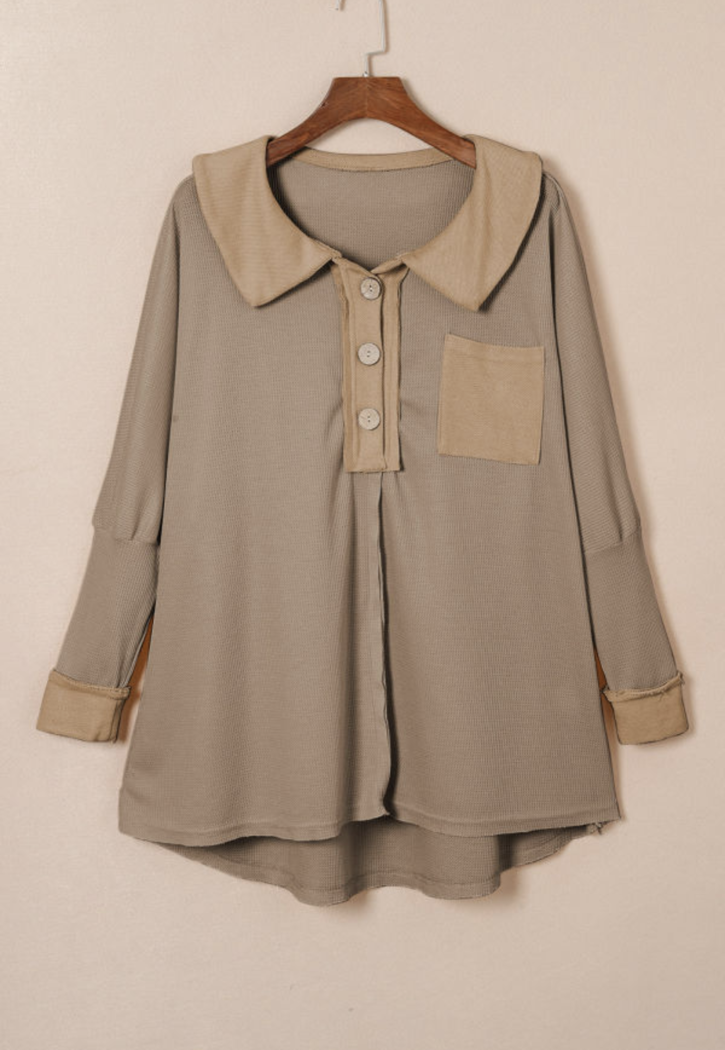 Brown Waffle Knit Buttoned Long Sleeve