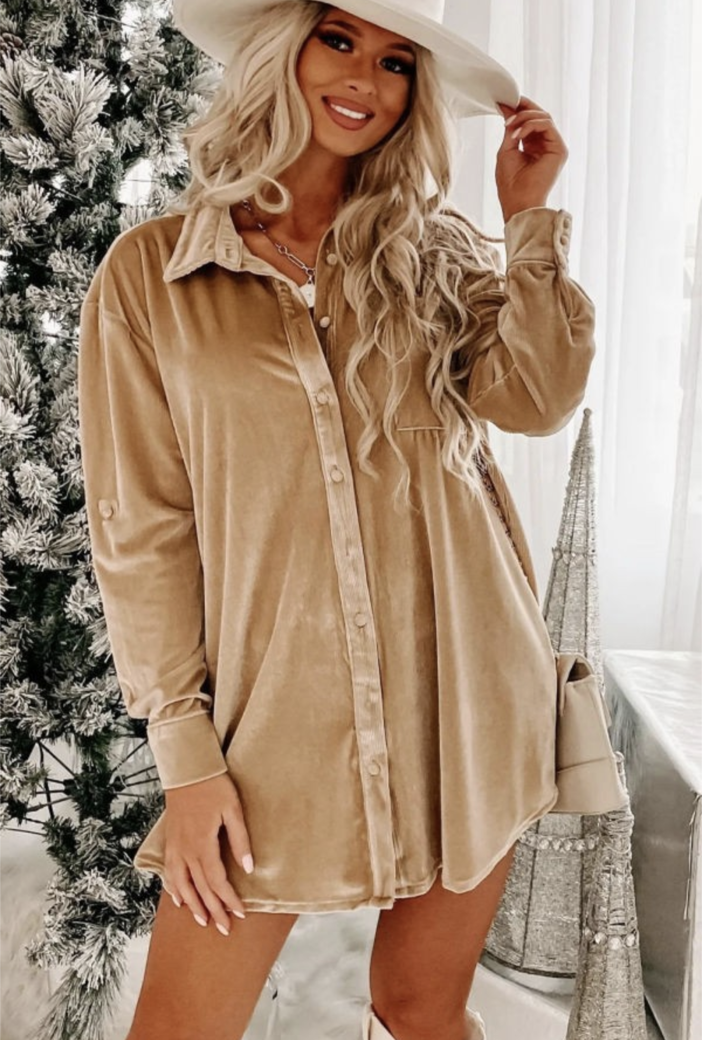 Flaxen Velvet Button Front Mini Shirt Dress