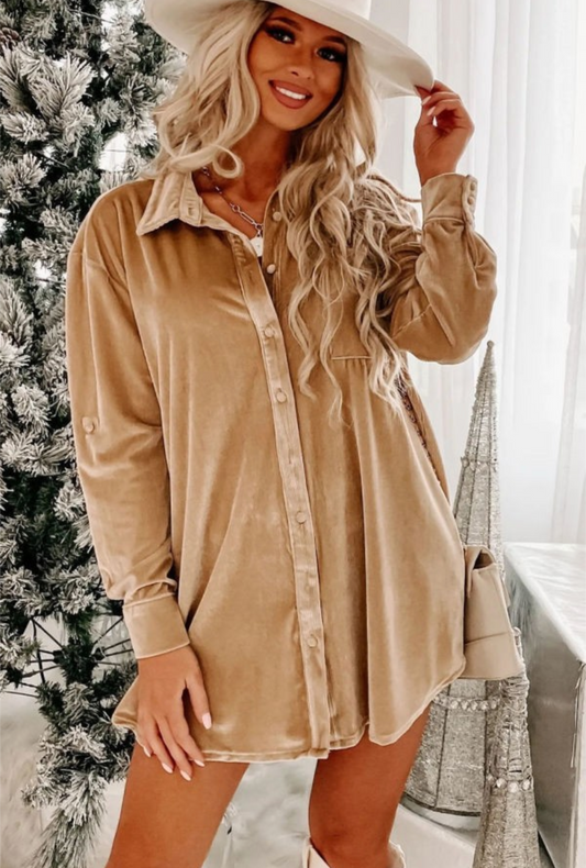 Flaxen Velvet Button Front Mini Shirt Dress