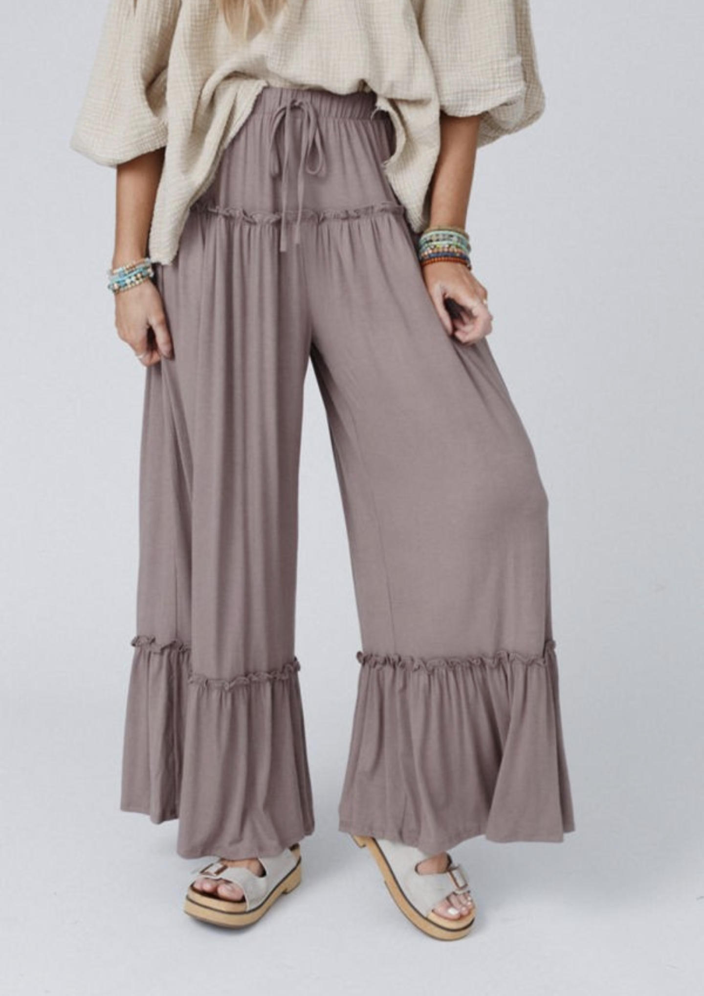 Frilled Leg Drawstring Pants Khaki