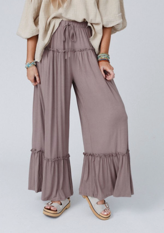 Frilled Leg Drawstring Pants Khaki