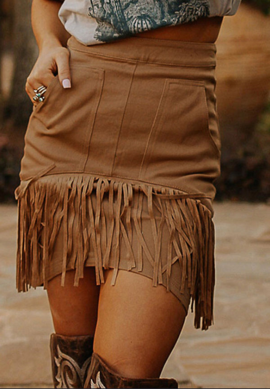 Fringed Mini Skirt Brown Suede