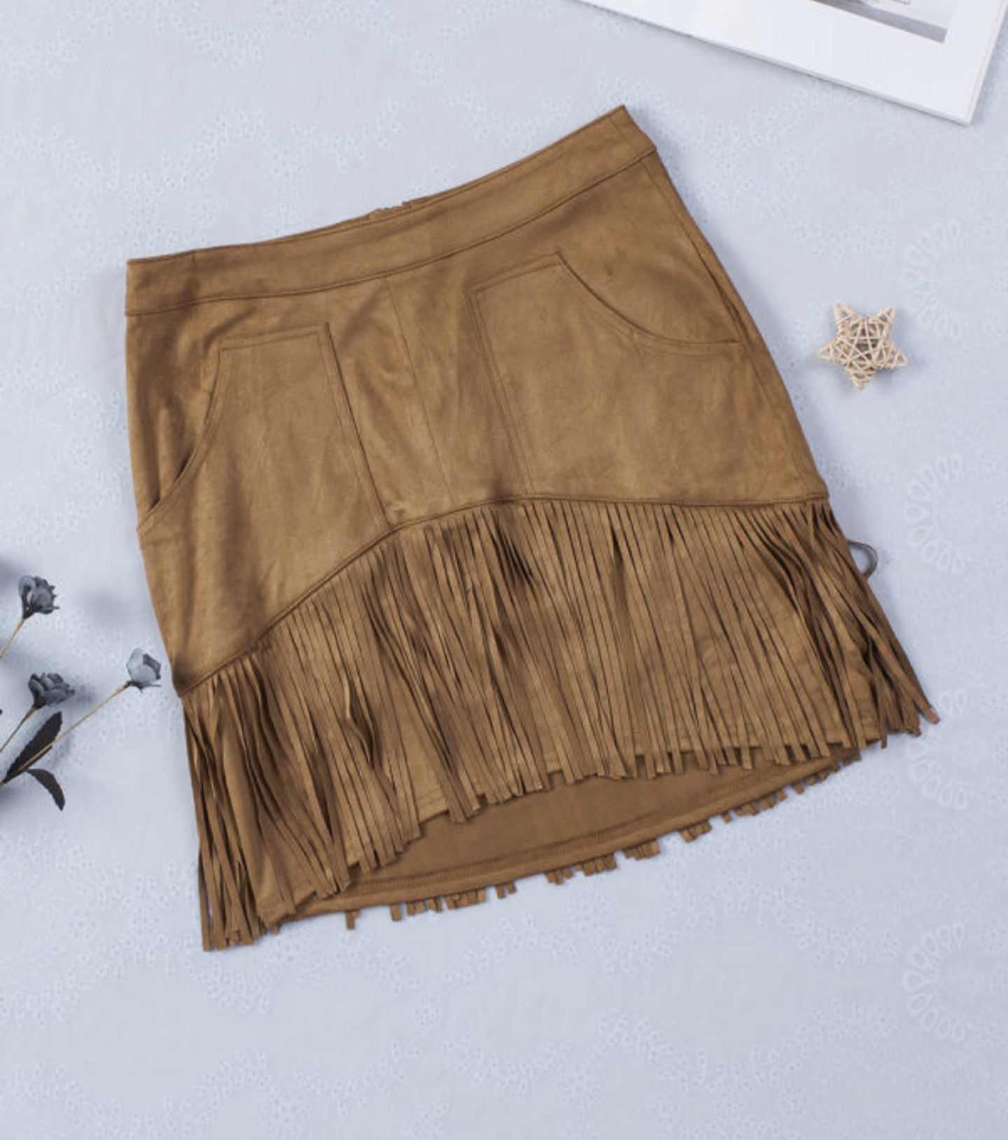 Fringed Mini Skirt Brown Suede