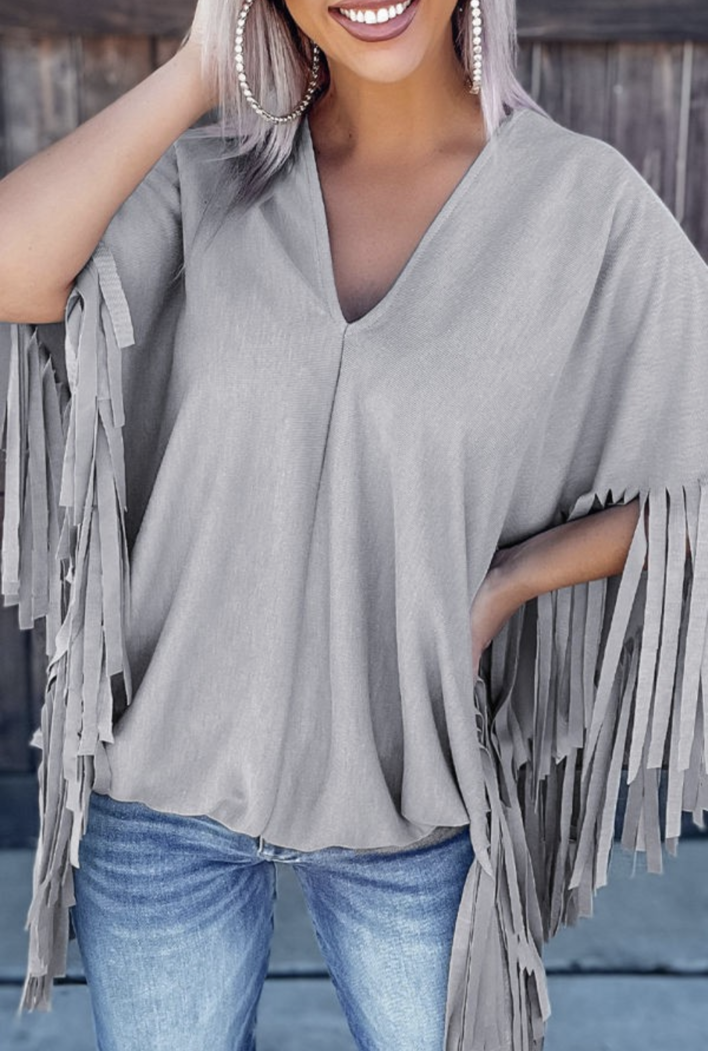 Grey Fringe V Neck