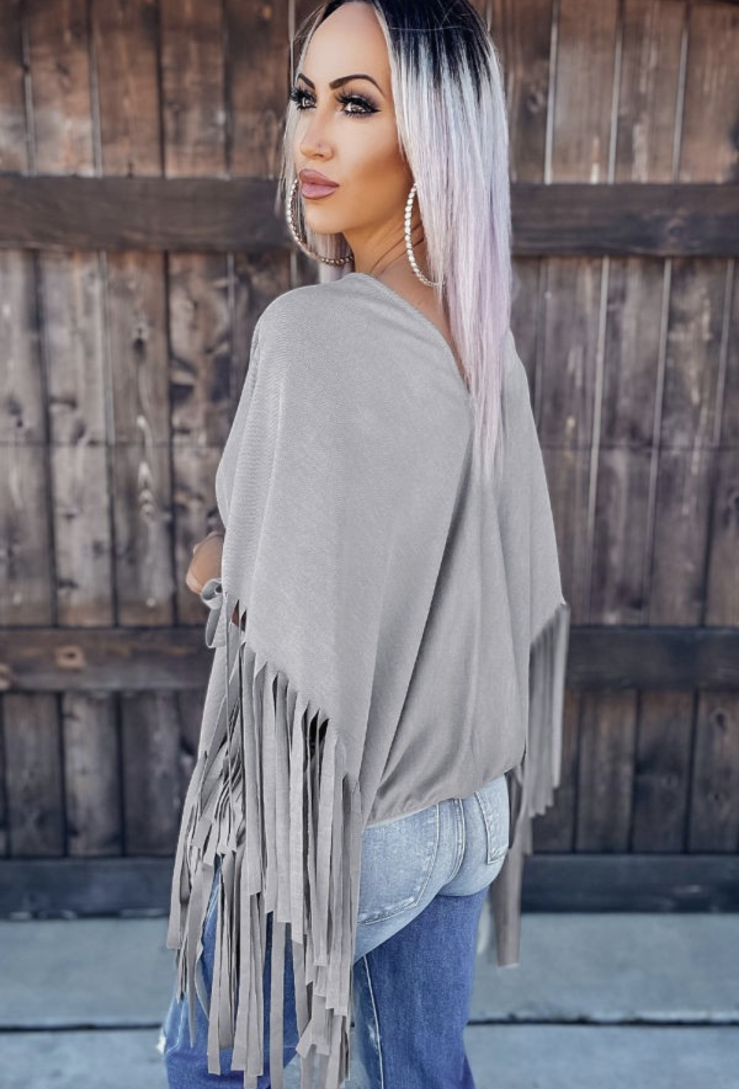 Grey Fringe V Neck