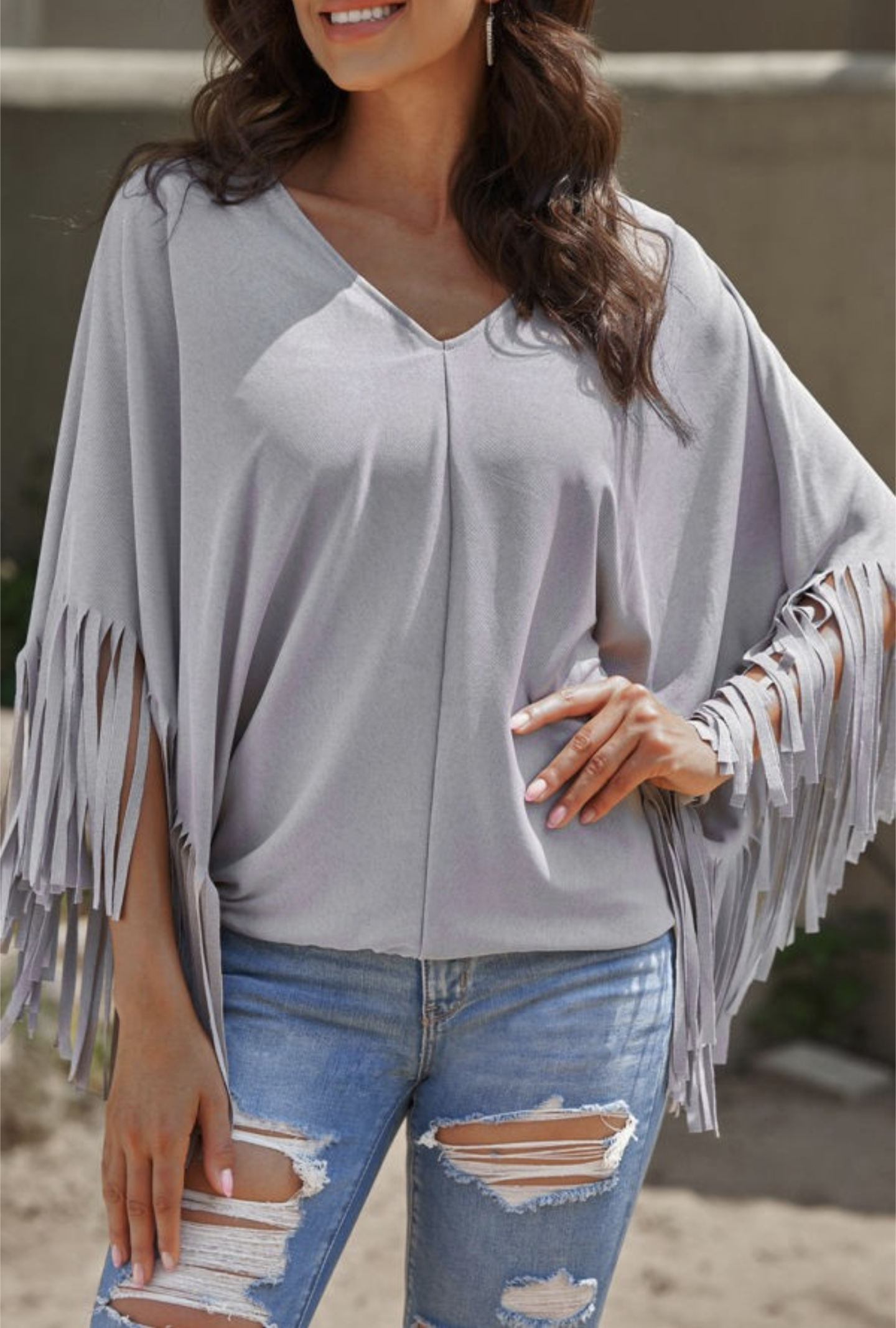 Grey Fringe V Neck