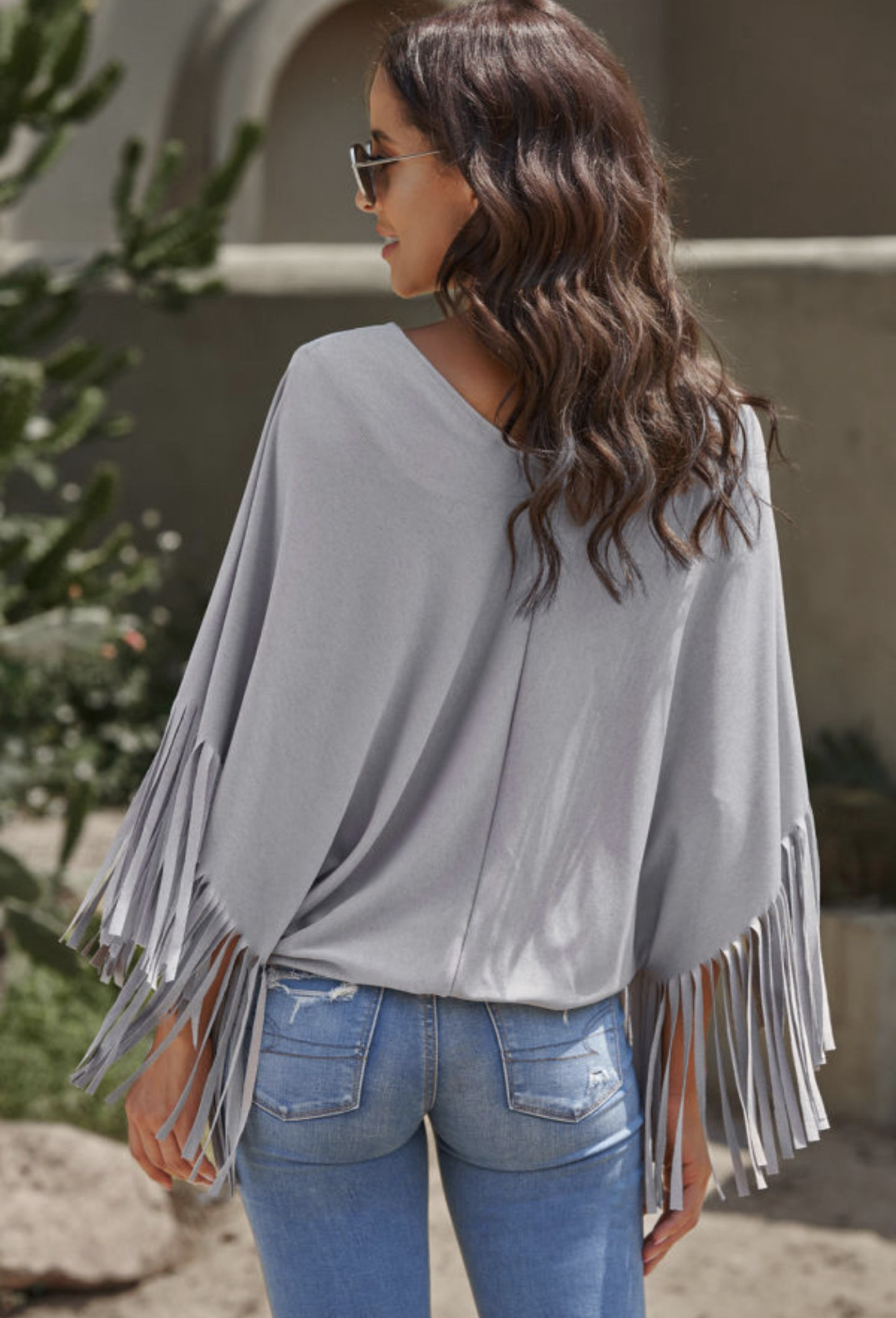 Grey Fringe V Neck