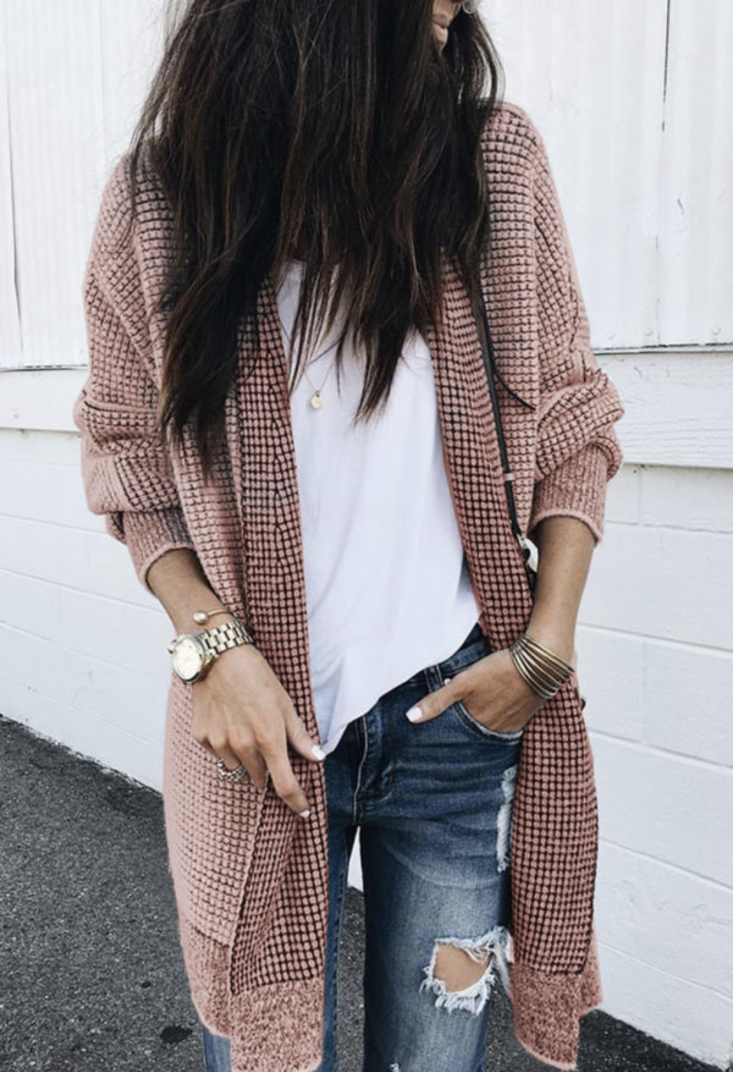 Knitted Long Open Front Cardigan